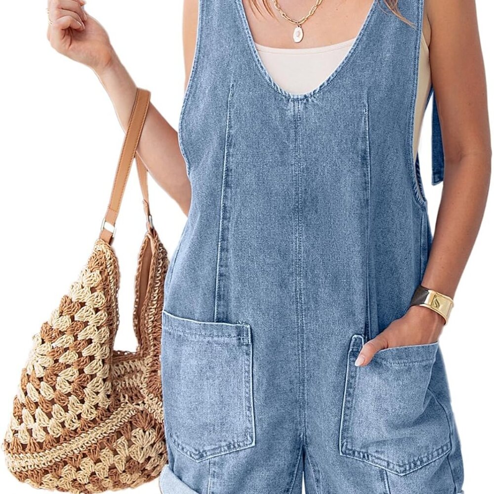 Womens Summer Denim Romper Overall Shorts Casual Sleeveless V Neck Jean Romper D